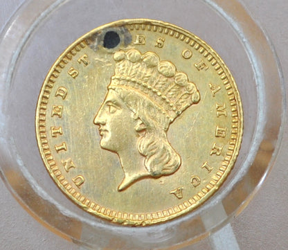 1861 Indian Princess Head One Dollar Gold Coin (Type 3) - XF+ Detail, Hole Drilled - 1 Dollar Gold 1861 Indian Princess