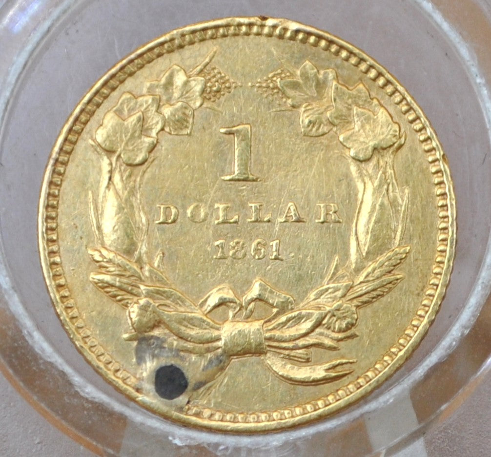 1861 Indian Princess Head One Dollar Gold Coin (Type 3) - XF+ Detail, Hole Drilled - 1 Dollar Gold 1861 Indian Princess