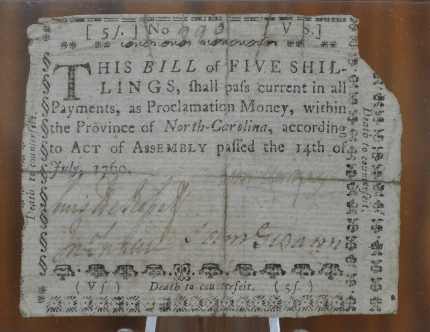 Rare 1760 State of North Carolina 5 Shillings Note July 14th 1760 - Continental Currency - NC Five Shilling Note 1761 - NC-107 - NC 7/14/1760, Colonial Note