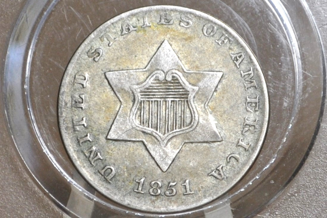 1851 Three Cent Silver US Coin - XF+ Grade / Condition (Luster) - 1851 3 Cent Trimes Silver 3 Cent Piece - Great Collection Piece