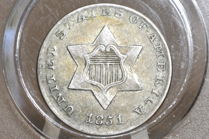1851 Three Cent Silver US Coin - XF+ Grade / Condition (Luster) - 1851 3 Cent Trimes Silver 3 Cent Piece - Great Collection Piece