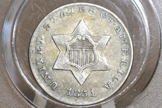 1851 Three Cent Silver US Coin - XF+ Grade / Condition (Luster) - 1851 3 Cent Trimes Silver 3 Cent Piece - Great Collection Piece