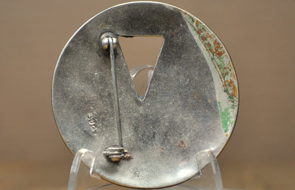 Taxco Style Mosaic Abalone & Wood Inlay Circular Statement Pin - Iridescent Abalone & Wood Triangle Inlay Silver Brooch