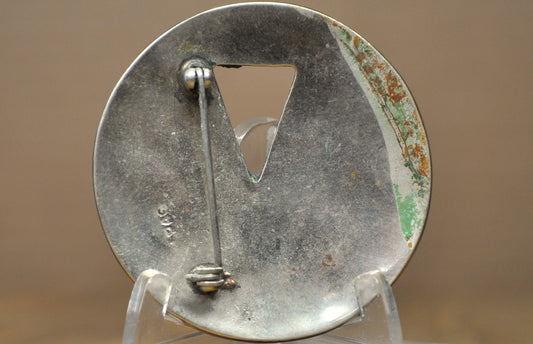 Taxco Style Mosaic Abalone & Wood Inlay Circular Statement Pin - Iridescent Abalone & Wood Triangle Inlay Silver Brooch