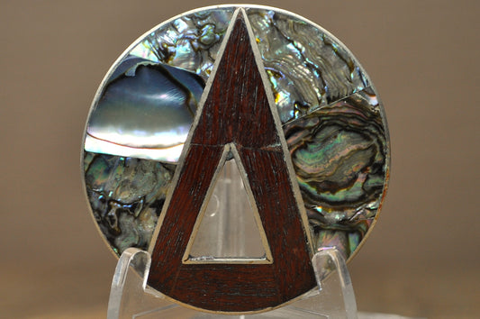 Taxco Style Mosaic Abalone & Wood Inlay Circular Statement Pin - Iridescent Abalone & Wood Triangle Inlay Silver Brooch