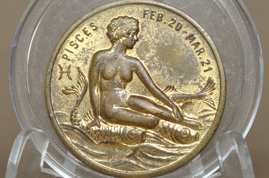Vintage Pisces Zodiac "Lucky Number" Brass Token Feb 20 - Mar 21 - 1930s-1950s Astrological Good Luck Coin Pisces Mermaid Design