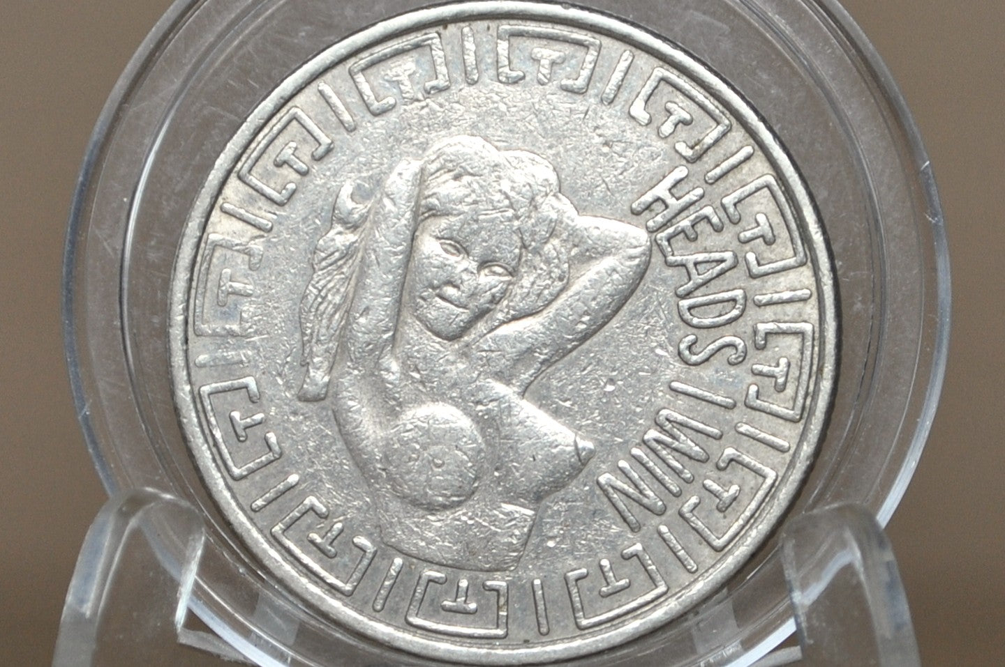 Vintage "Heads I Win, Tails You Lose" Adult Novelty Token - Adult "Peep Show" Style Silver-Tone Token