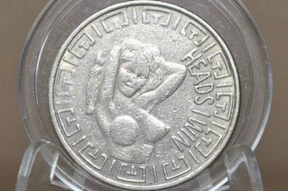 Vintage "Heads I Win, Tails You Lose" Adult Novelty Token - Adult "Peep Show" Style Silver-Tone Token