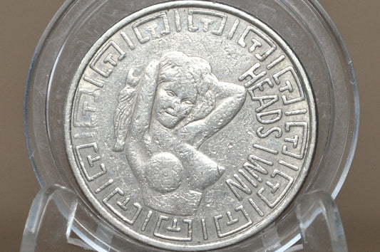 Vintage "Heads I Win, Tails You Lose" Adult Novelty Token - Adult "Peep Show" Style Silver-Tone Token
