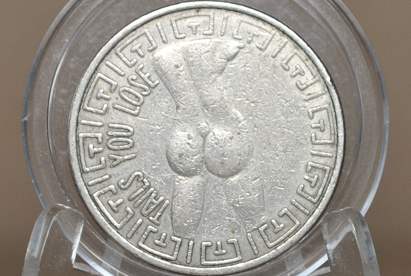 Vintage "Heads I Win, Tails You Lose" Adult Novelty Token - Adult "Peep Show" Style Silver-Tone Token