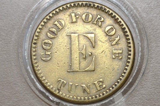 Vintage Brass Good For One "E" Tune Jukebox Token - Good For One Tune 'E' Brass Music Token
