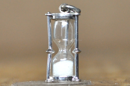 Vintage Wells Sterling Silver Hourglass Charm Real Moving Sand Working Mechanical 3D Pendant - 925 Sterling Silver Wells Hourglass Pendant Charm with Flowing Sand