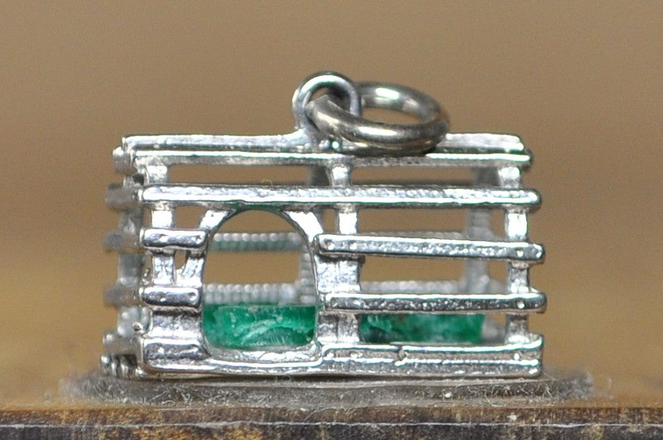 Vintage .925 Sterling Silver 3D Lobster Trap Charm with Moveable Green Lobster - Rare Sterling Silver "Lucky Catch" Lobster Trap Pendant Green Lobster Inside