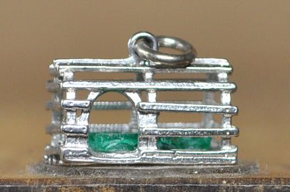 Vintage .925 Sterling Silver 3D Lobster Trap Charm with Moveable Green Lobster - Rare Sterling Silver "Lucky Catch" Lobster Trap Pendant Green Lobster Inside