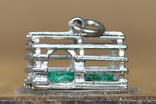 Vintage .925 Sterling Silver 3D Lobster Trap Charm with Moveable Green Lobster - Rare Sterling Silver "Lucky Catch" Lobster Trap Pendant Green Lobster Inside