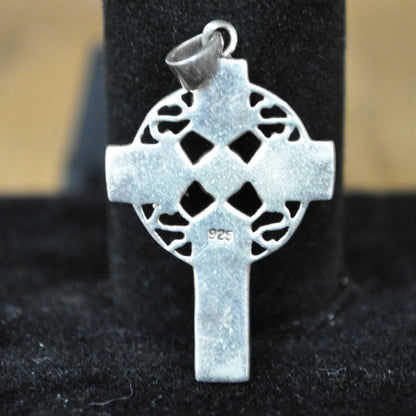 Vintage Sterling Celtic Knotwork Cross with Green Inlay - 925 Silver - 1.5 Inches - 4 grams