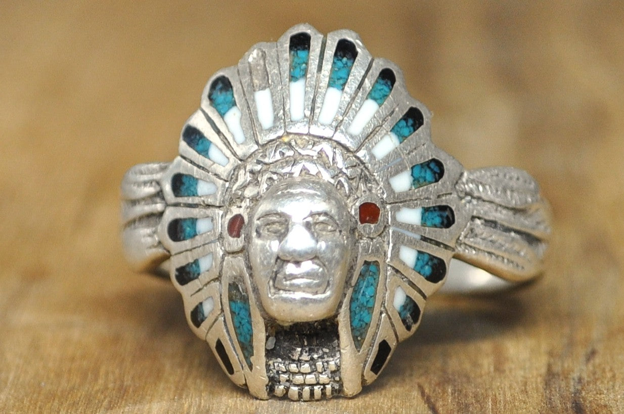 Handcrafted Southwestern Chief Warbonnet Ring 925 Silver with Multi-Stone Mosaic Inlay Size 13 - Men's Native American Style Headdress Statement Ring Sterling Silver Turquoise Coral Inlay Size 13
