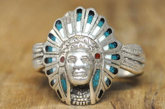Handcrafted Southwestern Chief Warbonnet Ring 925 Silver with Multi-Stone Mosaic Inlay Size 13 - Men's Native American Style Headdress Statement Ring Sterling Silver Turquoise Coral Inlay Size 13