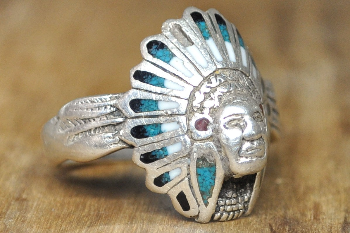 Handcrafted Southwestern Chief Warbonnet Ring 925 Silver with Multi-Stone Mosaic Inlay Size 13 - Men's Native American Style Headdress Statement Ring Sterling Silver Turquoise Coral Inlay Size 13