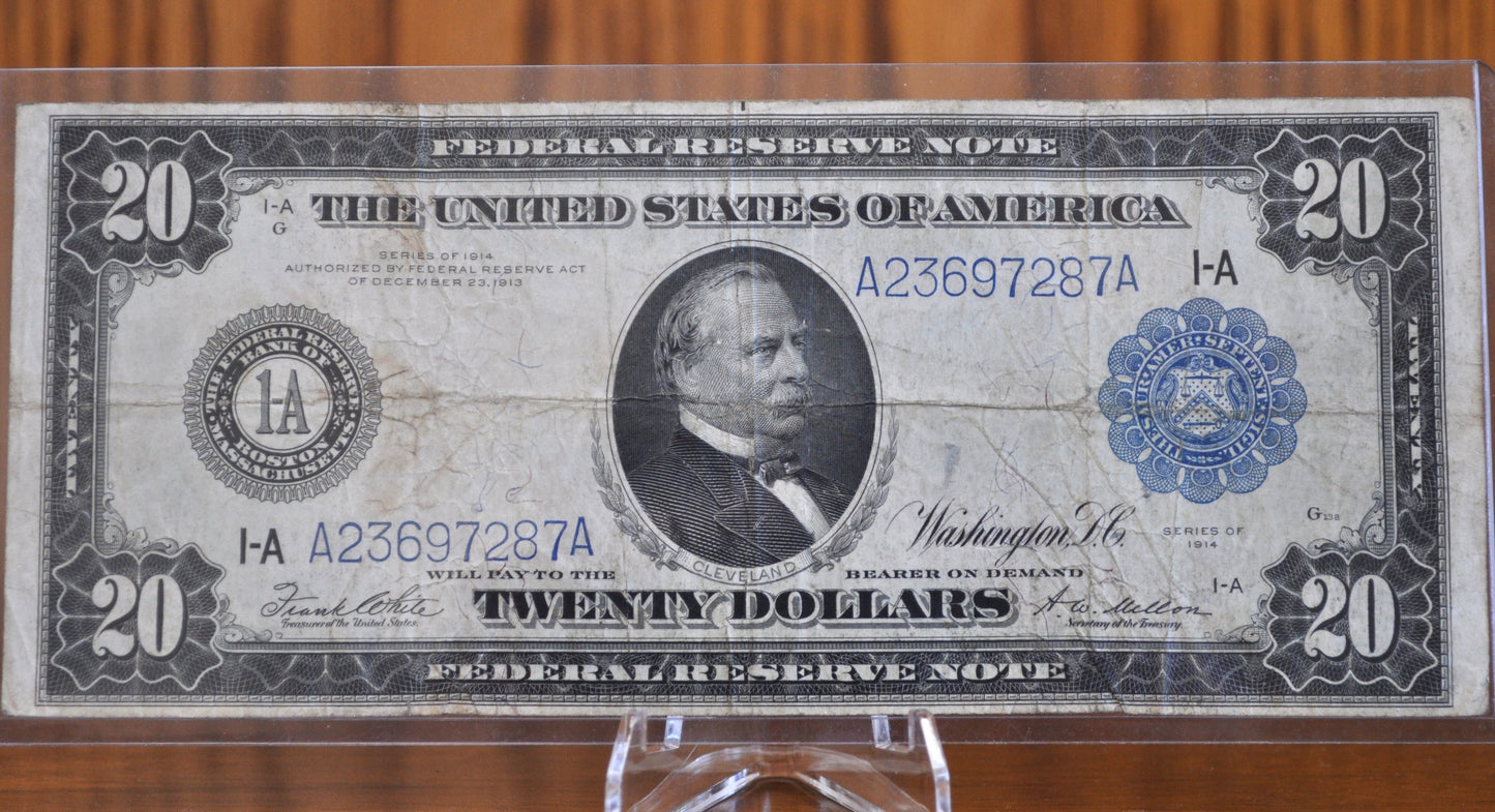 1914 20 Dollar Federal Reserve Note Large Size Fr967 - VF (Very Fine) - Boston 1914 Twenty Dollar Bill 1914 Boston Fr#967 / Fr.967
