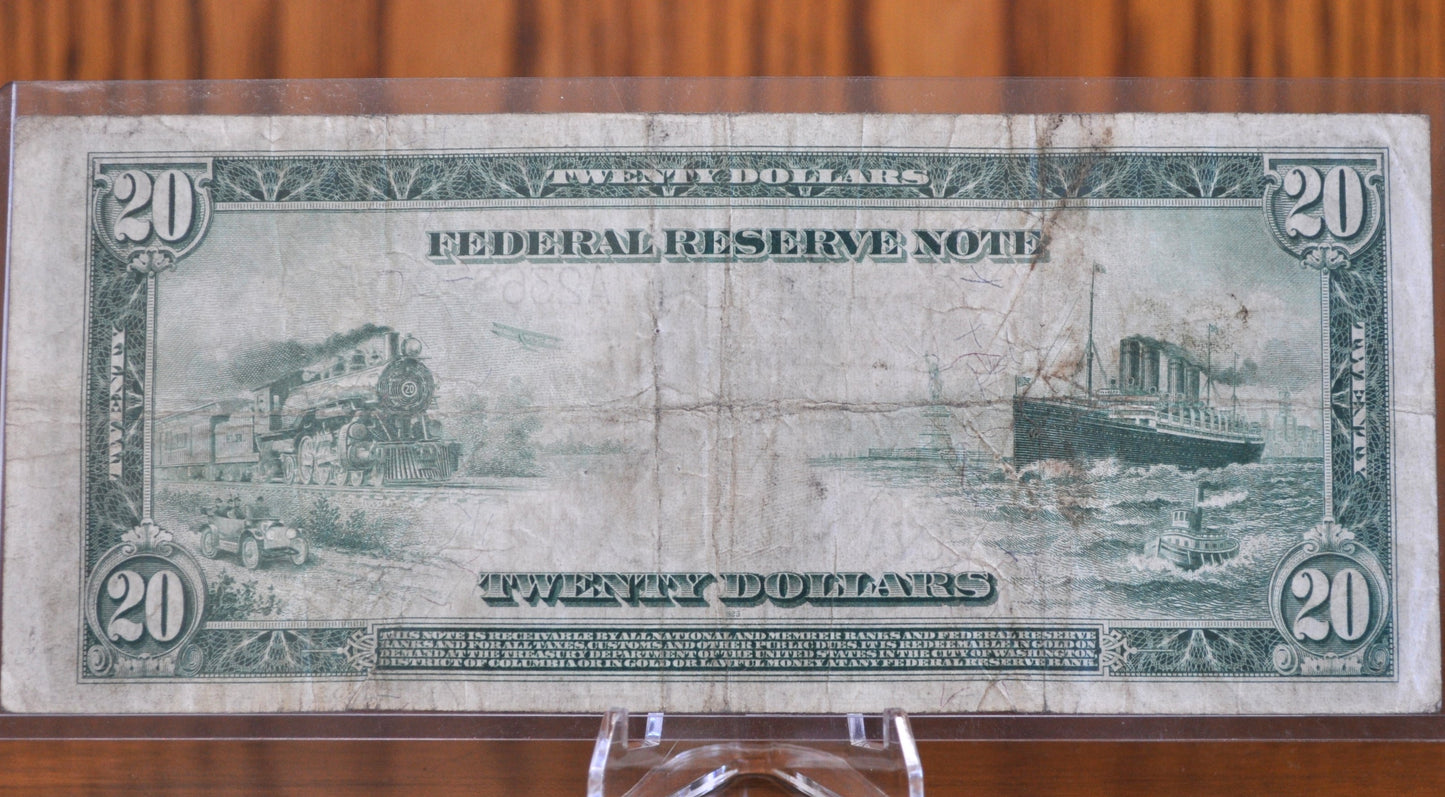 1914 20 Dollar Federal Reserve Note Large Size Fr967 - VF (Very Fine) - Boston 1914 Twenty Dollar Bill 1914 Boston Fr#967 / Fr.967