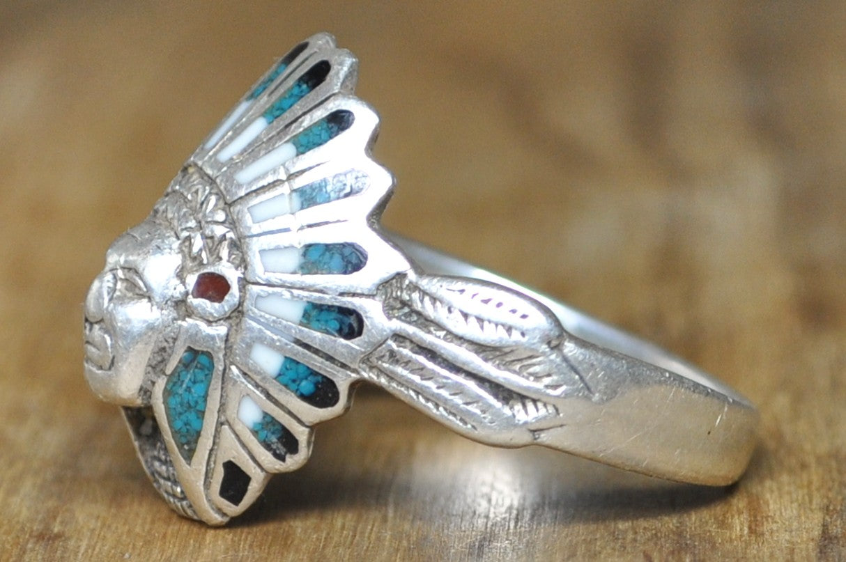 Handcrafted Southwestern Chief Warbonnet Ring 925 Silver with Multi-Stone Mosaic Inlay Size 13 - Men's Native American Style Headdress Statement Ring Sterling Silver Turquoise Coral Inlay Size 13