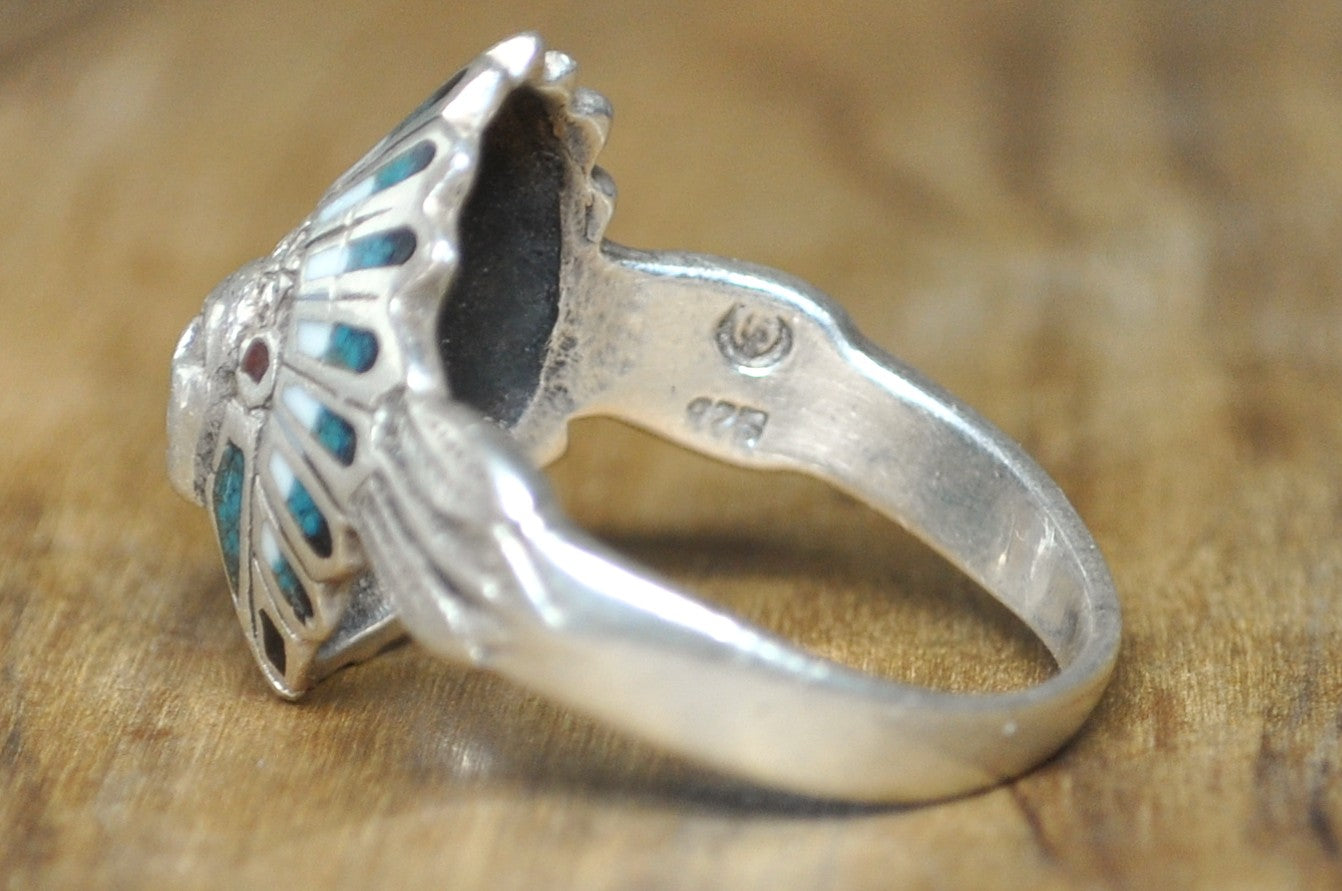 Handcrafted Southwestern Chief Warbonnet Ring 925 Silver with Multi-Stone Mosaic Inlay Size 13 - Men's Native American Style Headdress Statement Ring Sterling Silver Turquoise Coral Inlay Size 13