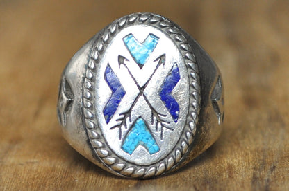 Vintage Native American Style Sterling Silver Inlay Ring Size 10 - Handcrafted Southwestern Turquoise and Lapis Inlay Silver Ring, Size 10