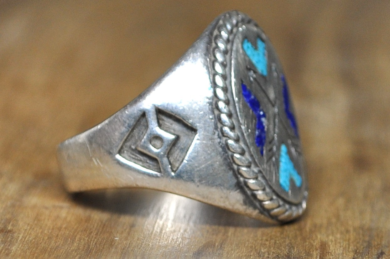 Vintage Native American Style Sterling Silver Inlay Ring Size 10 - Handcrafted Southwestern Turquoise and Lapis Inlay Silver Ring, Size 10