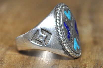 Vintage Native American Style Sterling Silver Inlay Ring Size 10 - Handcrafted Southwestern Turquoise and Lapis Inlay Silver Ring, Size 10