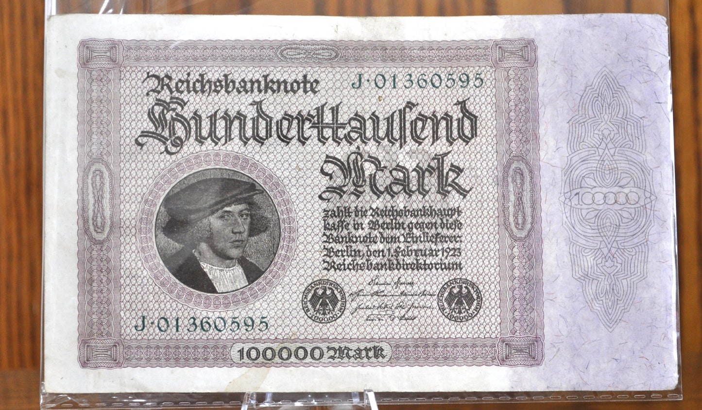 1923 100,000 Mark German Paper Note - Reichsbanknote - About Uncirculated Grade / Condition - WWI era note - One Hundred Thousand Mark Note