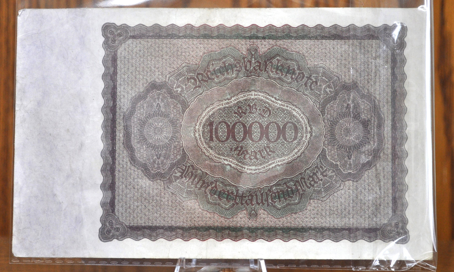 1923 100,000 Mark German Paper Note - Reichsbanknote - About Uncirculated Grade / Condition - WWI era note - One Hundred Thousand Mark Note