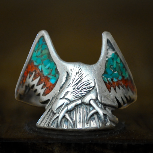 Vintage Sharon Cisco Navajo Turquoise Coral Flying Eagle Sterling Silver Ring - Native American Navajo Turquoise Coral Inlay Eagle Silver Statement Ring