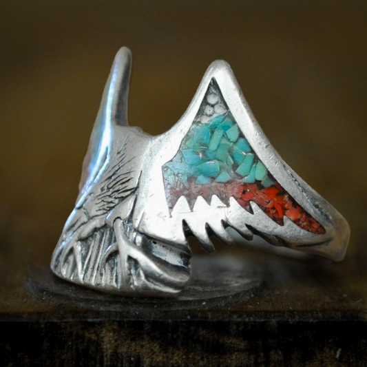 Vintage Sharon Cisco Navajo Turquoise Coral Flying Eagle Sterling Silver Ring - Native American Navajo Turquoise Coral Inlay Eagle Silver Statement Ring