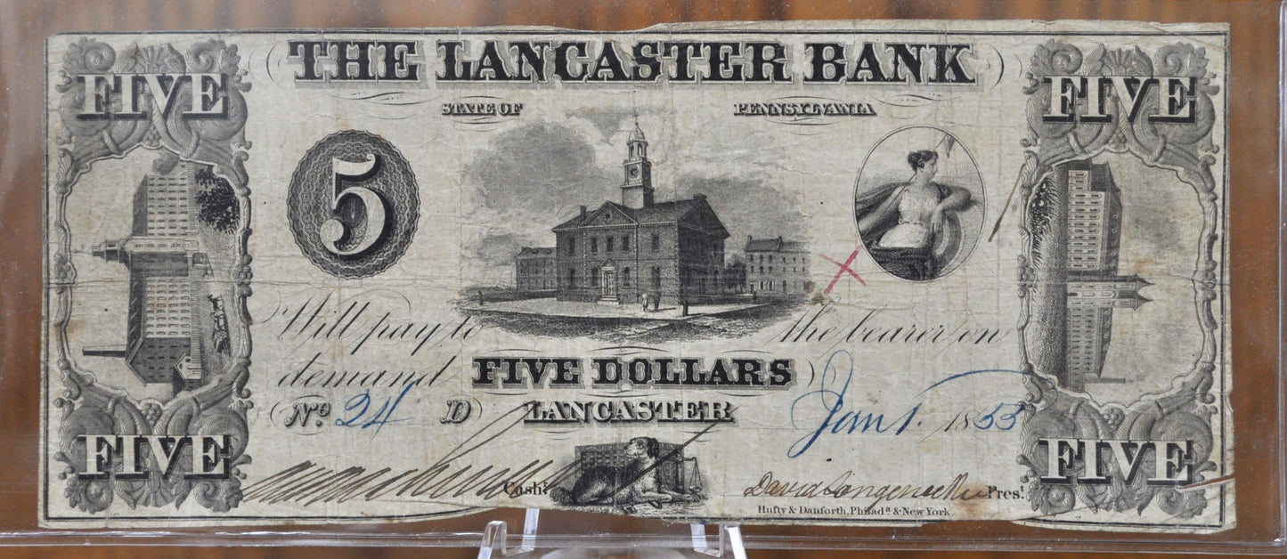 1853 The Lancaster Bank 5 Dollar Paper Banknote - Great Condition - Pennsylvania Obsolete Currency - Five Dollar 1853 PEN