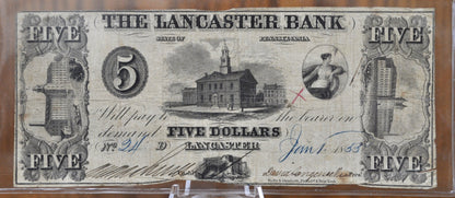 1853 The Lancaster Bank 5 Dollar Paper Banknote - Great Condition - Pennsylvania Obsolete Currency - Five Dollar 1853 PEN