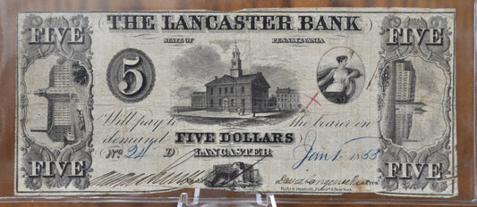 1853 The Lancaster Bank 5 Dollar Paper Banknote - Great Condition - Pennsylvania Obsolete Currency - Five Dollar 1853 PEN