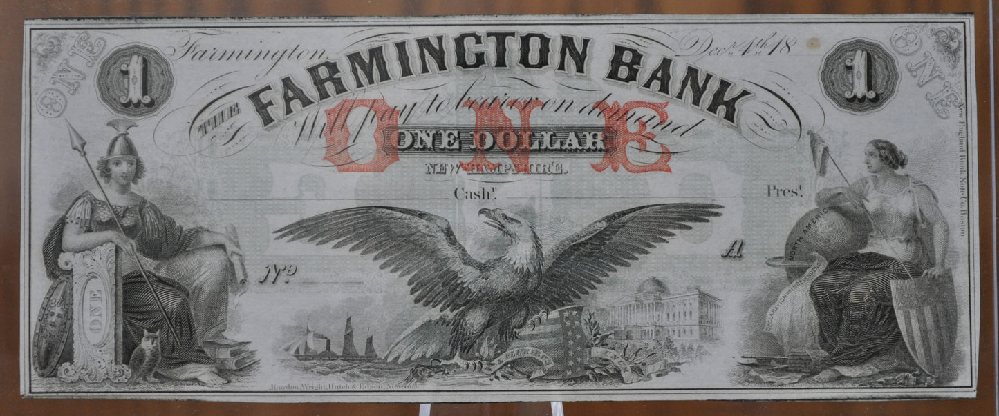 1860s Farmington Bank 1 Dollar Paper Banknote, Farmington NH - Uncirculated - One Dollar Note Farmington New Hampshire 1860s
