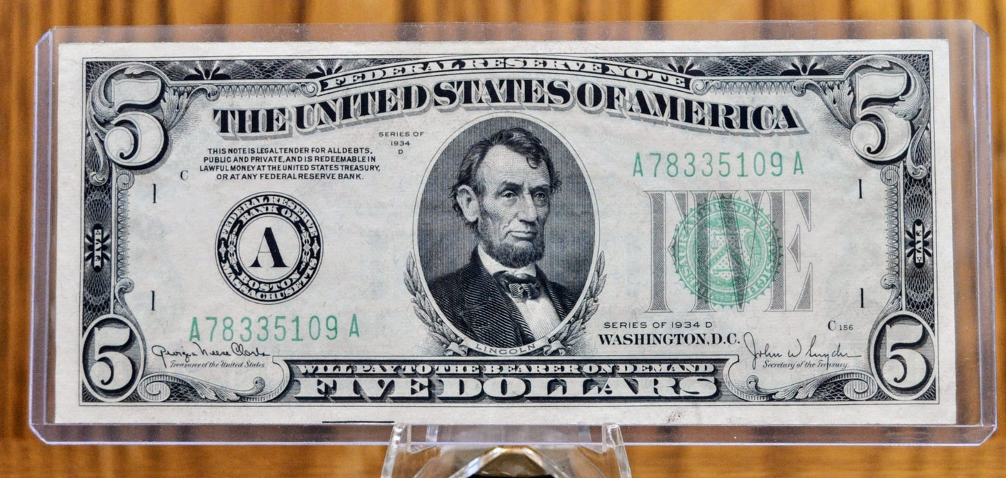 1934-D Federal Reserve 5 Dollar Note - Choose by Grade and Bank Issue - 1934D US Five Dollar Banknote - Fr.1960A/B
