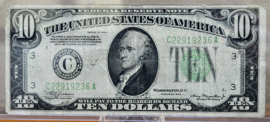1934 Federal Reserve 10 Dollar Note - Light Green Seal (LGS) - Very Fine (VF) - Philadelphia (C) Issue - 1934 Ten Dollar Note - Fr#2004-C