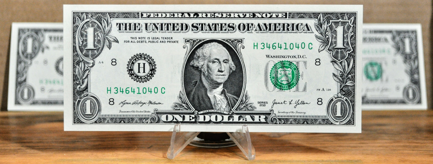 Set of 3 2021 1 Dollar Consecutive Federal Reserve Notes - St. Louis (H) Issue - 2021 One Dollar Sequential Serial Trio Notes - Fr.3007-H