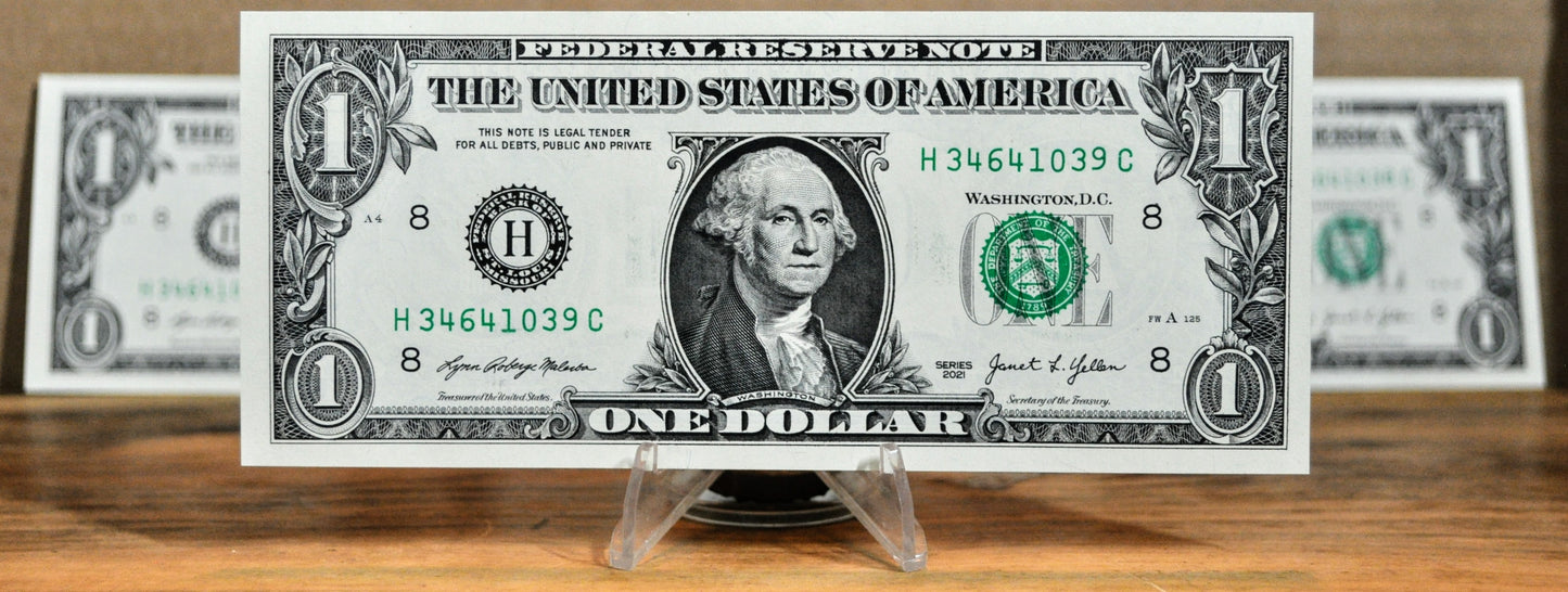 Set of 3 2021 1 Dollar Consecutive Federal Reserve Notes - St. Louis (H) Issue - 2021 One Dollar Sequential Serial Trio Notes - Fr.3007-H