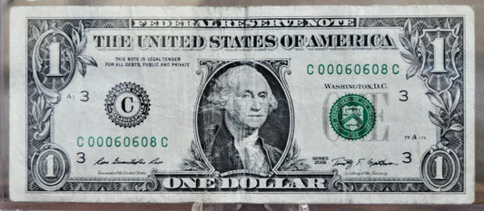 2009 Low and Fancy Serial Number 1 Dollar Federal Reserve Note - 00060608 - Philadelphia (C) Issue - 2009 One Dollar Note - Fr.1934-C