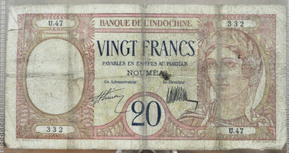 1929 Bank of Indochina 20 Francs Note - Administrator/Director Titles - 1929 French Indochina Twenty Francs Note - P#37a