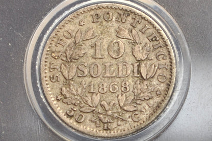 1868 Italian States Papal 10 Soldi - Silver - Great Condition - 1868 Ten Soldi Italy - Cool Papal Coin