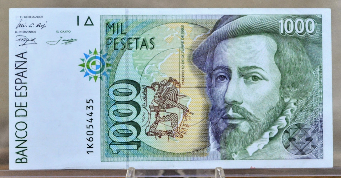 1992 Bank of Spain 1000 Pesetas Note - Light Collar Ruff Shading Type, First Issue - 1992 Spanish One Thousand Pesetas Note - P#163a.1