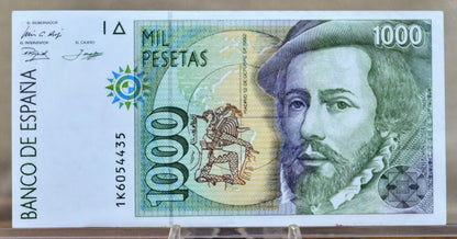 1992 Bank of Spain 1000 Pesetas Note - Light Collar Ruff Shading Type, First Issue - 1992 Spanish One Thousand Pesetas Note - P#163a.1
