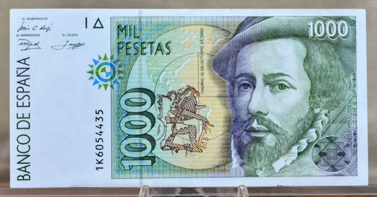 1992 Bank of Spain 1000 Pesetas Note - Light Collar Ruff Shading Type, First Issue - 1992 Spanish One Thousand Pesetas Note - P#163a.1