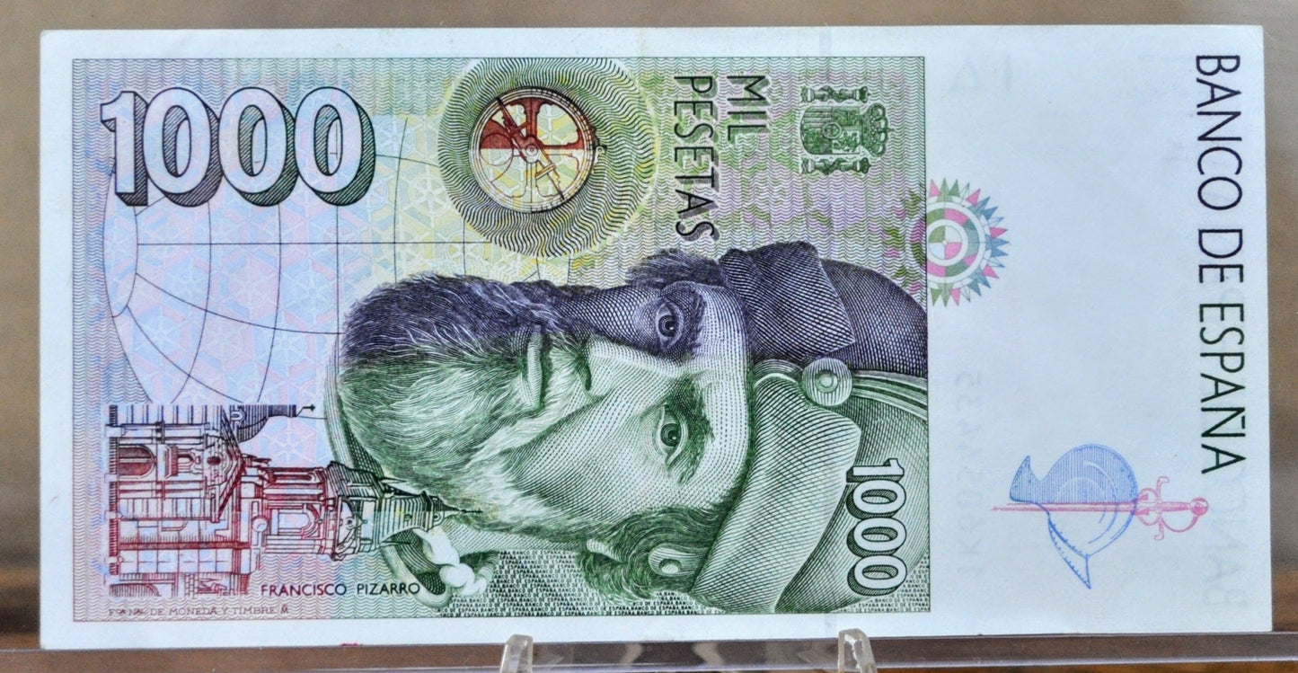 1992 Bank of Spain 1000 Pesetas Note - Light Collar Ruff Shading Type, First Issue - 1992 Spanish One Thousand Pesetas Note - P#163a.1