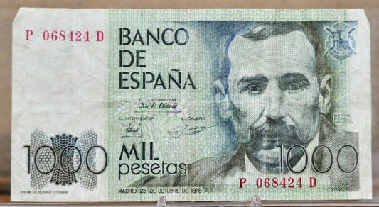 1979 Bank of Spain 1000 Pesetas Note - Rarer Letter-6 Digits-Letter Serial Type - 1979 Spanish One Thousand Pesetas Note - P#158a.4